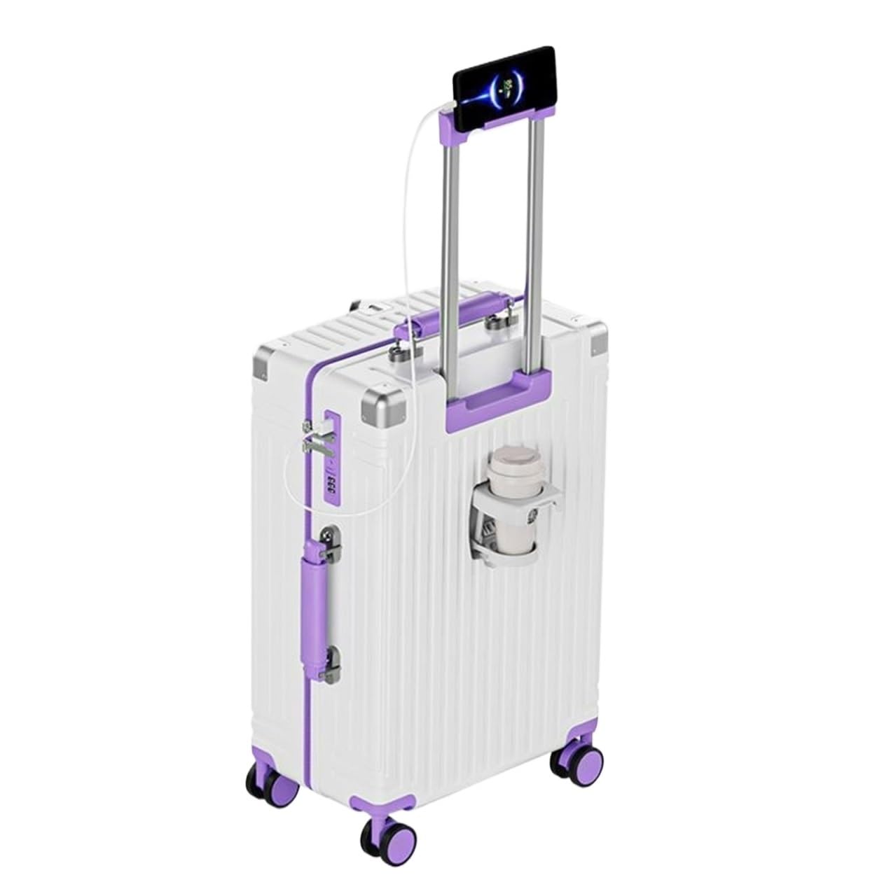 Valigia Valigia Multifunzionale con Ruote Girevoli E Portabicchieri Bagaglio a Mano(White Purple,24inch)