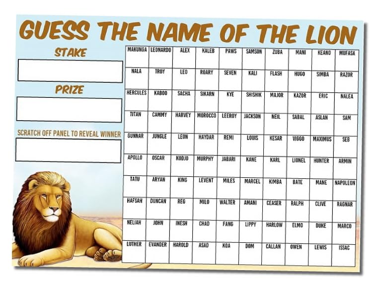 A3 Guess The Name of the Lion Fundraising Scratchcard Match and Win card