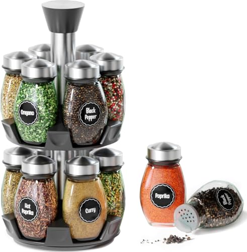 Revolving Spice Rack Organizer - Spinning Countertop Herb and Spice Storage Rack Tower Organizer with 12 Empty Glass Jars Bottles and Labels, Rotating Spice Holder Shelf Seasoning Rack