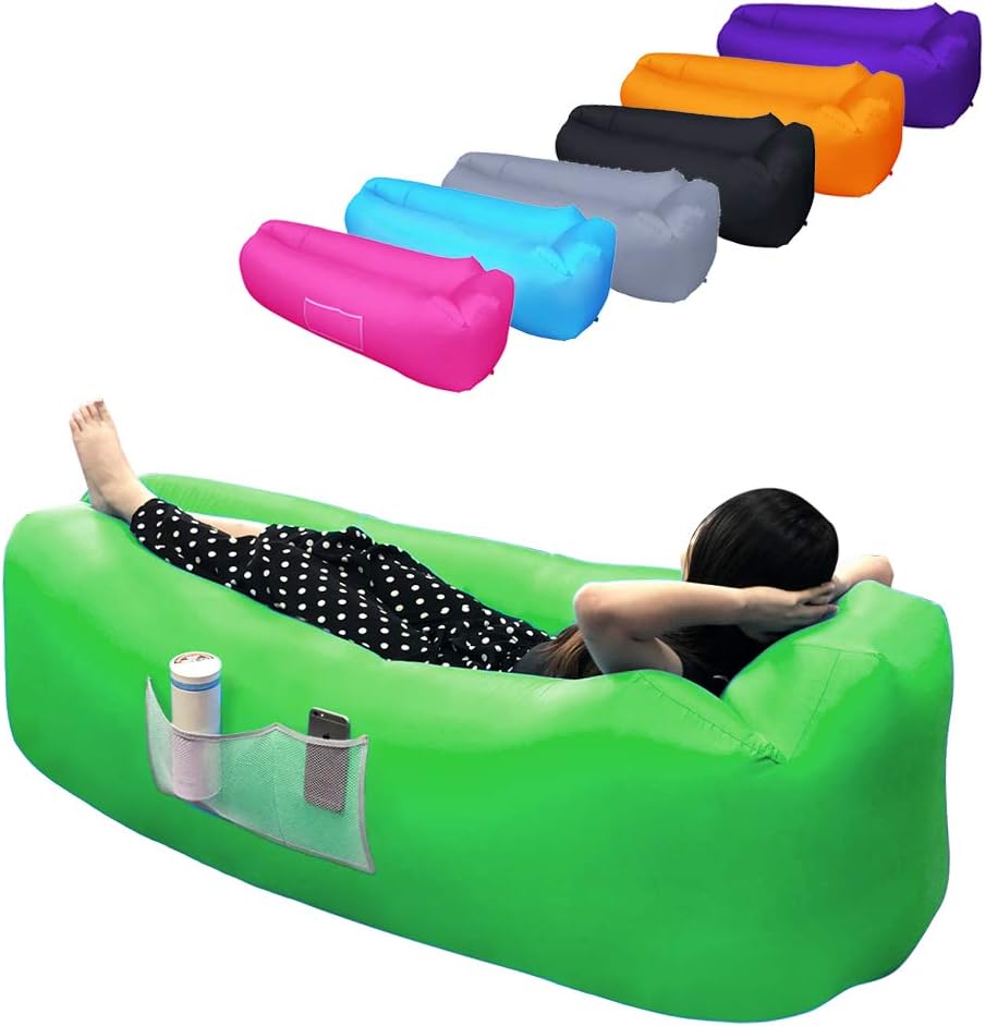 Dimoxii Inflatable Lounger,Air Sofa Waterproof with Carrying Bag&Pockets,Inflatable Couch Chair with Headrest&Securing Stake for Outdoor,Camping,Pool and Beach