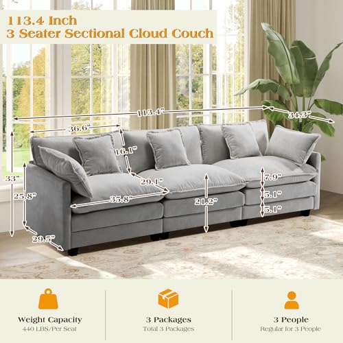 Image of 113.4 inch Modular Sectional Sofa,Cloud Couch for Living Room, Modern Deep Seat Sofa 3 Seater Chenille Fabric Comfy Couches with Throw Pillows for Apartment