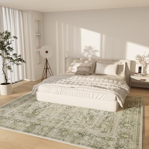 Machine Washable Living Room Rug: 5'x7' Bedroom Area Rug Boho Vintage Large Rugs Stain Resistant Non Slip Low Pile Faux Wool Soft Rug for Dining Room Bedside Kitchen Entryway Nursery Home Office
