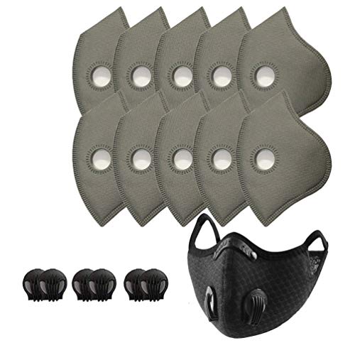 New 1 Pack Black Reusable Dust Face Guard 10Pcs Additional Activated Carbon Filter with 6 Exhaust Valves for Outdoor Sport (grey 1PCS+10PCS)