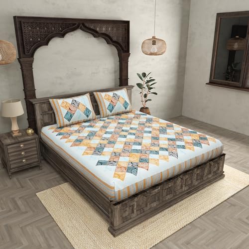 Image of JaipurFabric Cotton 210 TC Ethnic Tiles Bedsheet for Double Bed with 2 Pillow Covers (90 inch X 108 inch), Blue