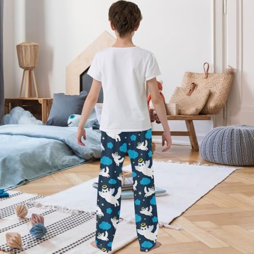 Boy's Pj Pants Cat Angel Flying Night Sky Cloud Lounge Bottoms Elastic Waist Kids Joggers with Pockets Size 6-143