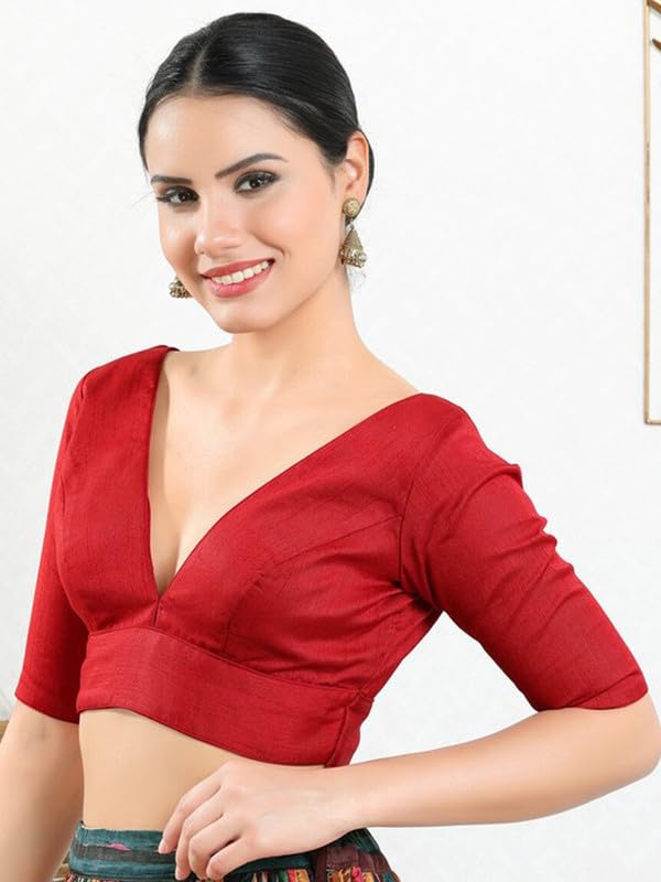 Image of Dupion Silk Solid Non Padded Saree Blouse Top V-Neck Short Sleeves Hook and Eye Closure and Tie-Up Back Choli