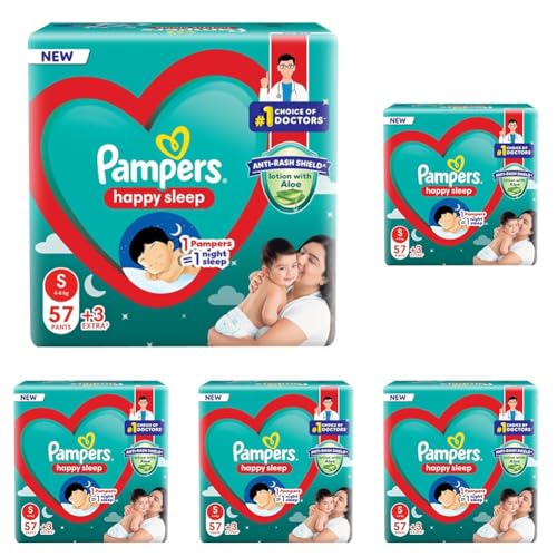 Image of Pampers Happy Sleep Pant Style Baby Diapers, Small (S), 60 Count, 1 Pampers : 1 Night Sleep, with Anti Rash Shield, 4-8 Kg Diapers (Pack of 5)