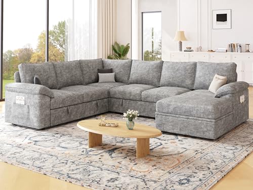 Image of 108'' Modular Sectional Sofa with Pull Out Bed, Sleeper Sofa, Light Gray