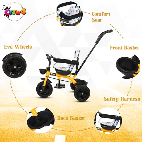 Image of Tricycle 1 Years to 5 Years with Removable Safety Guard and Parental Control Back Side Push Handle with Rubber Tyre for Kid's CR07 (Yellow)