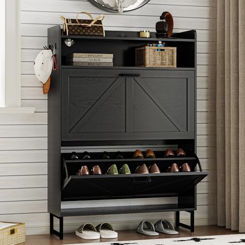 BORNOON Shoe Cabinet with 2 Flip Drawers Narrow Shoe Storage Cabi...