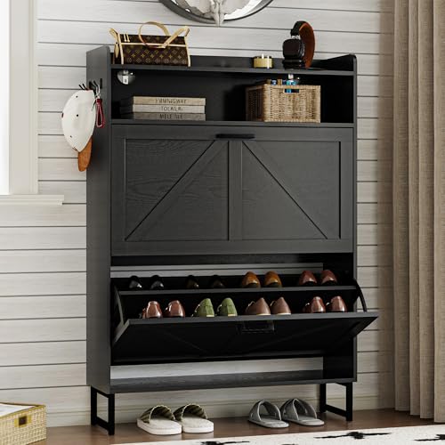 BORNOON Shoe Cabinet with 2 Flip Drawers Narrow Shoe Storage Cabinet Organizer Wooden Freestanding...