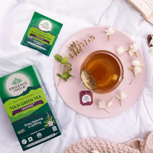 Image of A TATA Product - Organic India Tulsi Green Tea Jasmine - 25 Tea Bags, Certified Organic, Stress Relief, Mood Uplifting, Antioxidant Power, Soothing Jasmine Blend (Pack of 3)