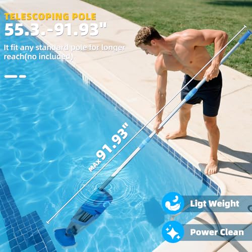 Cordless Pool Vacuum with Telescopic Pole, 26.5 gallons/min Powerful Suction, Handheld Rechargeable Swimming Pool Cleaner with 1H Running Time, Pool Vacuum for Above/In Ground Pools, Spas, Hot Tubs