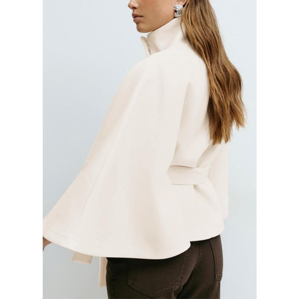 Poncho de manga murciélago para mujer abrigo corto invierno cuello alto cinturón