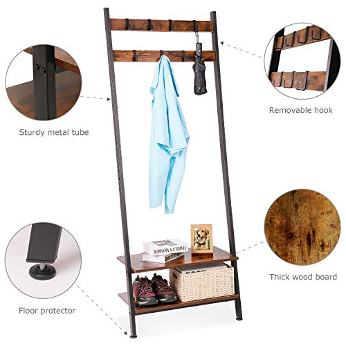 Wall-Leaning Ladder Shelves Coat Rack Hall Tree Entryway Shelf Shoe Rack Home Office Decor Wood Look Furniture with Metal Frame