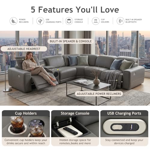 Image of Power Recliner Sectional Sofa, L-Shaped Living Room Furniture Set, Reclining Sectional Couch with Storage Console /Cup Holder for Living Room /House /Apt (Grey, 5 Seater)