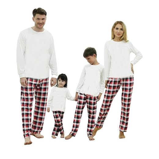 Kouric Pijamas Navidad Familia Conjunto, Pijamas Familia de Manga Larga, Linda Blusa con Estampado de Alces y Pantalones a Cuadros, Pijamas Navideños Familiares para Padres, Niños y Bebe