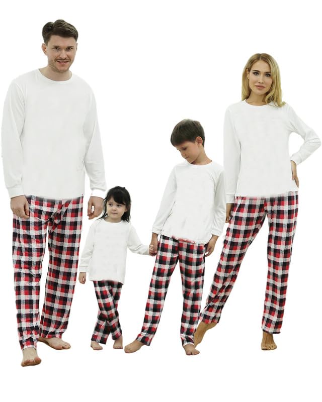 Kouric Pijamas Navidad Familia,Pijama Familiar a Juego con Estampado de Renos,Pijama Navidad Familia Top Blanco y Pantalón de Cuadros Rojos,Blancos y Negros,Pijama Navidad Mujer/Hombre/Niña/Niño