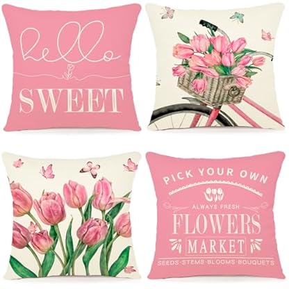 ZWJD Sommer Kissenbezug 40x40 cm – 4er Set Leinen Dekokissenbezüge mit Blumen Aquarell Design, Zierkissen für Sofa, Wohnzimmer & Sommer Deko