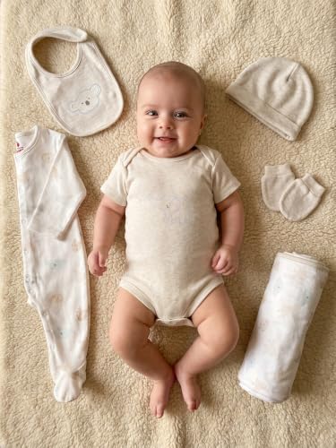 Image of 6 Pcs Clothing Gift Set with Box, 100% Cotton Soft & Breathable 6-Piece Layette Set with Bodysuit, Romper, Bib, Cap, Mittens & Swaddle, 0-12 Months, All-Season Wear