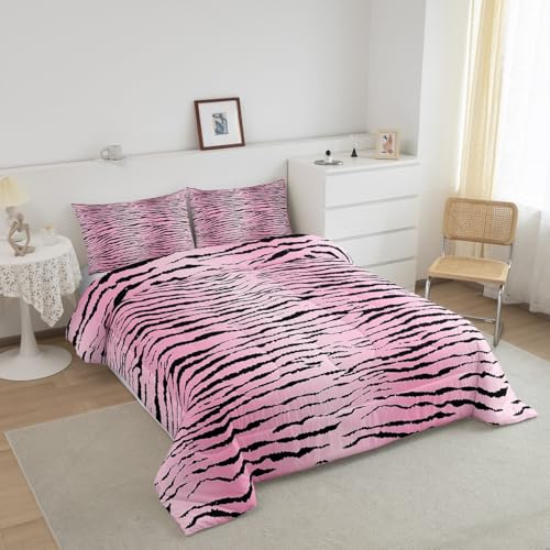 Image of Feelyou Kids Queen Pink Zebra Comforter Queen Size, Zebra Stripes Comforter Set for Boys Girls Pink Black Bedding Set Zoo Animal Fur Print Duvet Set Microfiber Bed Set
