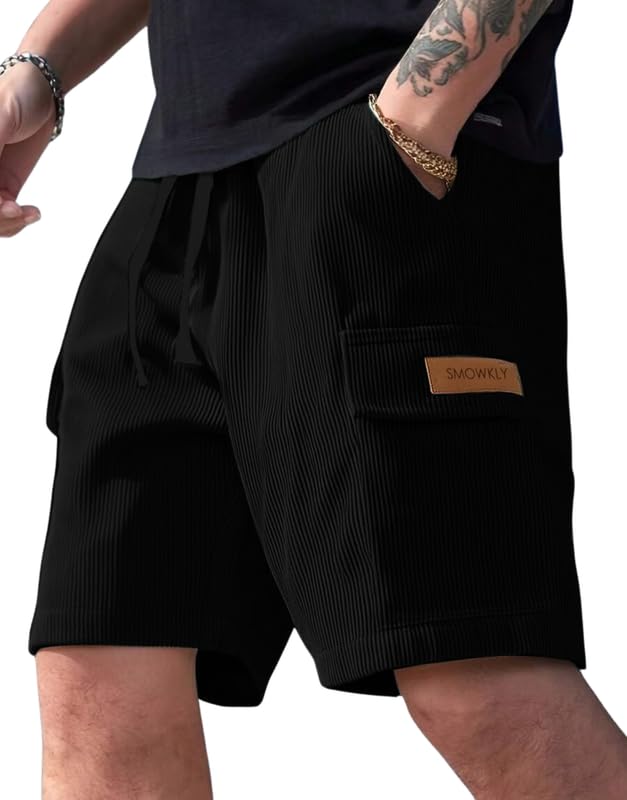 SMOWKLY Authentics Classic Men’s Ribbed Polycotton Relaxed Fit Cargo Stretch Shorts || Half Pant with Drawstring & 4 Pockets || Lightweight & Quick Dry || Men Shorts Casual ||Shorts Pant for Men
