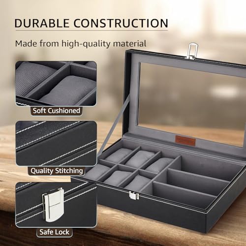 Image of Amazon Basics Unisex Faux Leather Watch Organiser Box with 9 Slots | 6 Watch Storage Compartments | 3 Sunglasses Holder | Transparent Lid (Black)