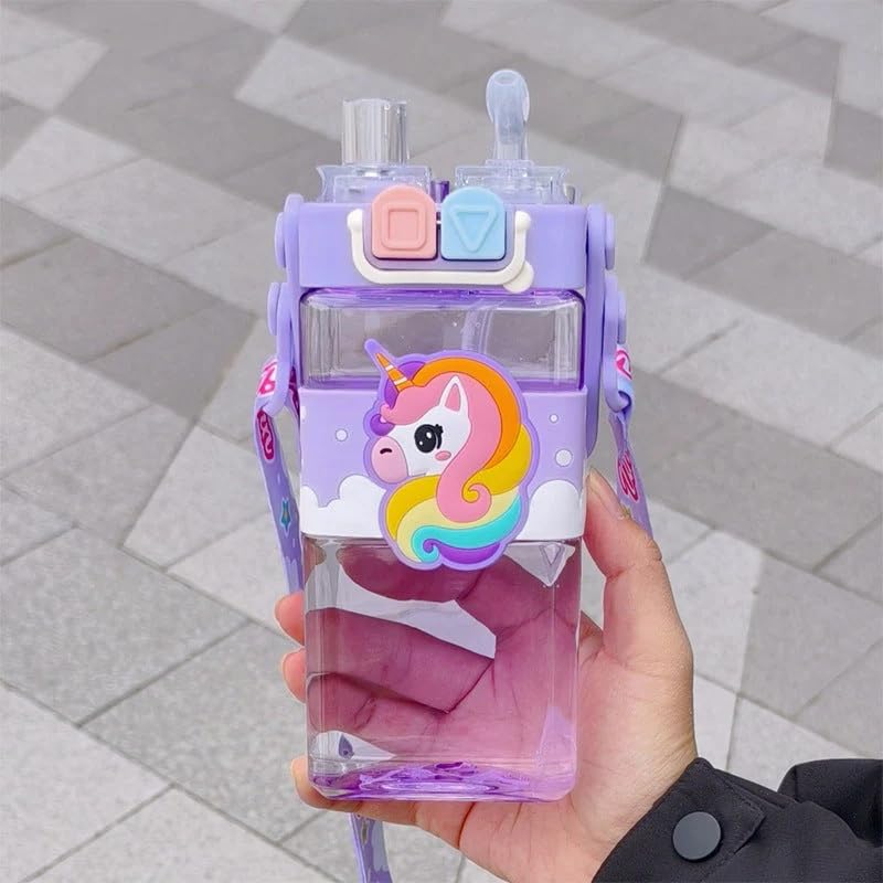 Toyshine 520ML Unicorn Theme BPA Free Water Bottle with Dual Cap | Double Drinking Straw Cup | Leak-Proof | Strap & Carry Handle | Portable Handheld Kids Tumbler Perfect for Travel Picnic Sport School - Image 2 thumbnail