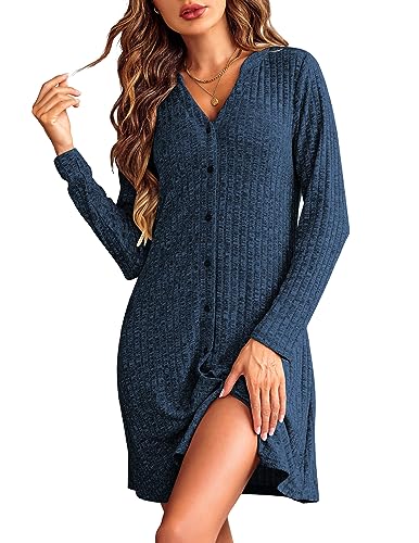 Image of Ekouaer Nightgowns for Women Button Down Night Shirt Long Sleeve Ribbed Knit V-Neck Sleepwear Pajama Dress