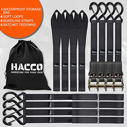 Haccoplanet Ratchet Tie Down Straps, 2340Lb Break Strength, 4Pc 1Inch X 16Ft Tie Down Strap Set With Padded Handles & Coated S Hook W/Safety Clip, Cargo Strap Tie Down For Motorcycle, Truck (Black) #TOP3