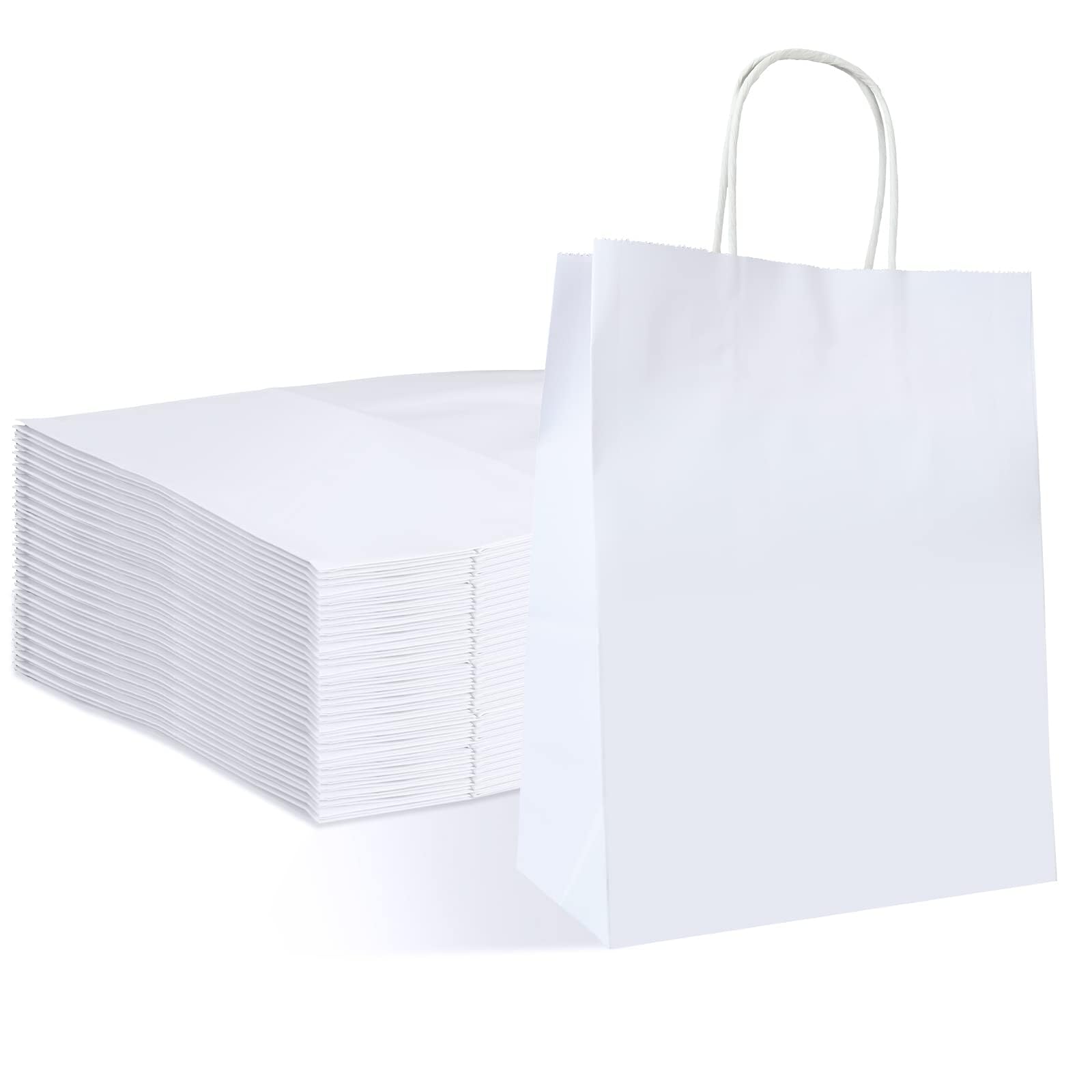 Oungy 50 Pcs White Paper Bags, 21x11x27cm White Gift Bag with Handles, Medium 120GSM Kraft Paper Gift Bags for Shopping Retail Boutique Birthday Wedding Party DIY