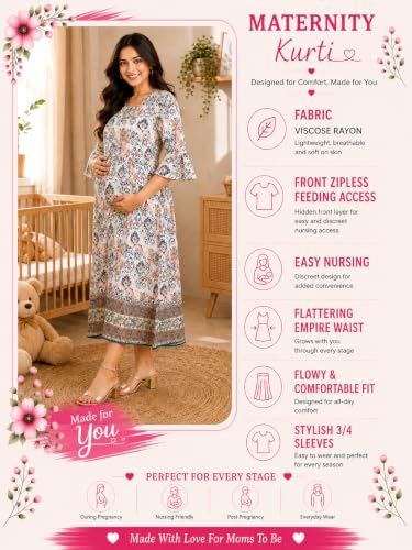 Image of RITIJYA Zipless Feeding Kurta Dress for Women | Maternity Nursing Kurti, No-Zip Easy Access | Extra Pleats Pre to Post Pregnancy | Quick-Dry Fabric | S-4XL