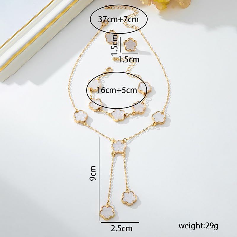 Srazeyo 5 Leaf Flower Jewelry Set Women 5 Leaf Earrings Bracelet Necklace 5 Leaf Clover Plum Blossom Necklace Earrings Three Pieces Ladies Lucky Jewelry Gifts - Image 4