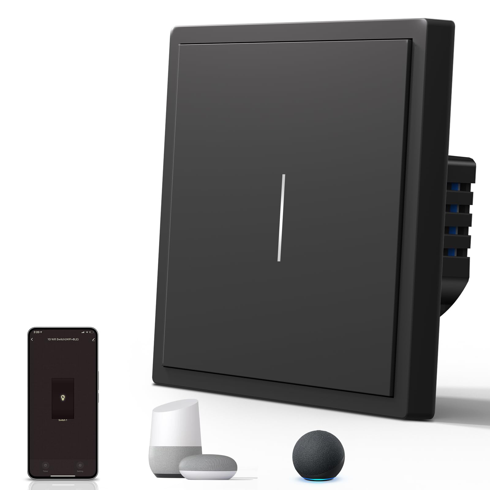 BSEED Smart Light Switch,WIFI Mate Wall Switch with Led Indicator,Remote Control,Voice Control,Timer Function,1 Gang 1 Way,Black 86mm