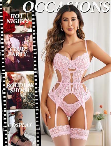 Image of Avidlove Women's Underwire Lingerie Set with Garter Belt Sexy Lace Bodysuit Cut Out Rhinestone Teddy Lingerie (No Stockings)