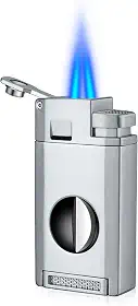 Isqueiro de charuto com cortador em V, furador, suporte de tochas de butano à prova de vento, isqueiro de metal recarregável, acessórios de charutos multifuncionais para homens (prata)
