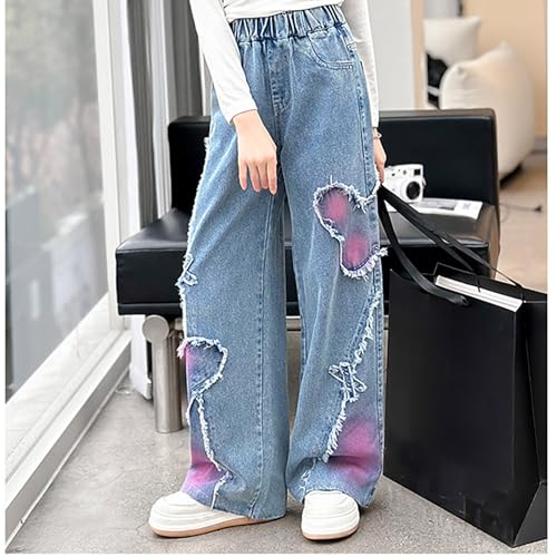 Girls Ripped Jeans Patchwork Cotton Pant Youth Tie Dye Baggy Denim Pants Teens Elastic High Wasited Leggings Streetwear4