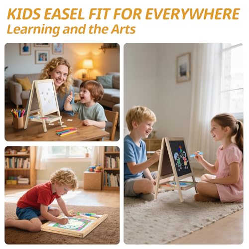 image for Kileubuto Tabletop Painting Wooden Art Easel for Kids - 4-in-1 Double-