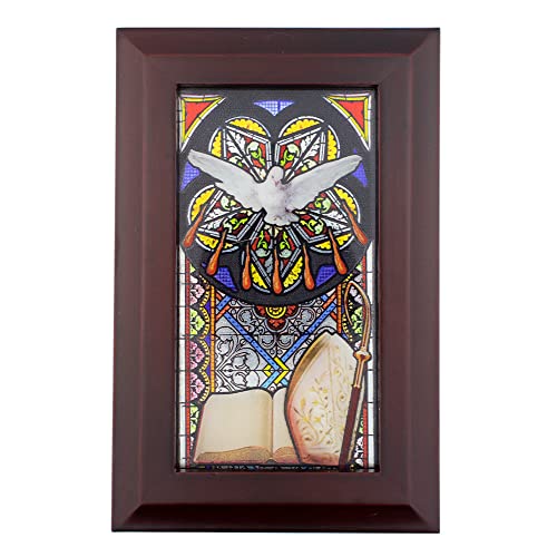 Confirmation Music Box | Beautiful Stained Glass Foil Image with Holy Spirit Dove | Wind up and Open for Music | Velveteen Lined Space for Jewelry or Trinkets | Catholic DÃ©cor and Keepsake (Mahogany)