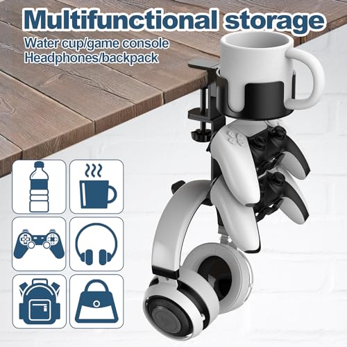 Image of 4 in 1 Desk Cup Holder with Headphone Hanger and Controller Stand Gaming Accessories, Universal Adjustable & Rotating Upgraded Arm Clamp for Coffee Mugs, Water Bottles, Headphones, Controller.
