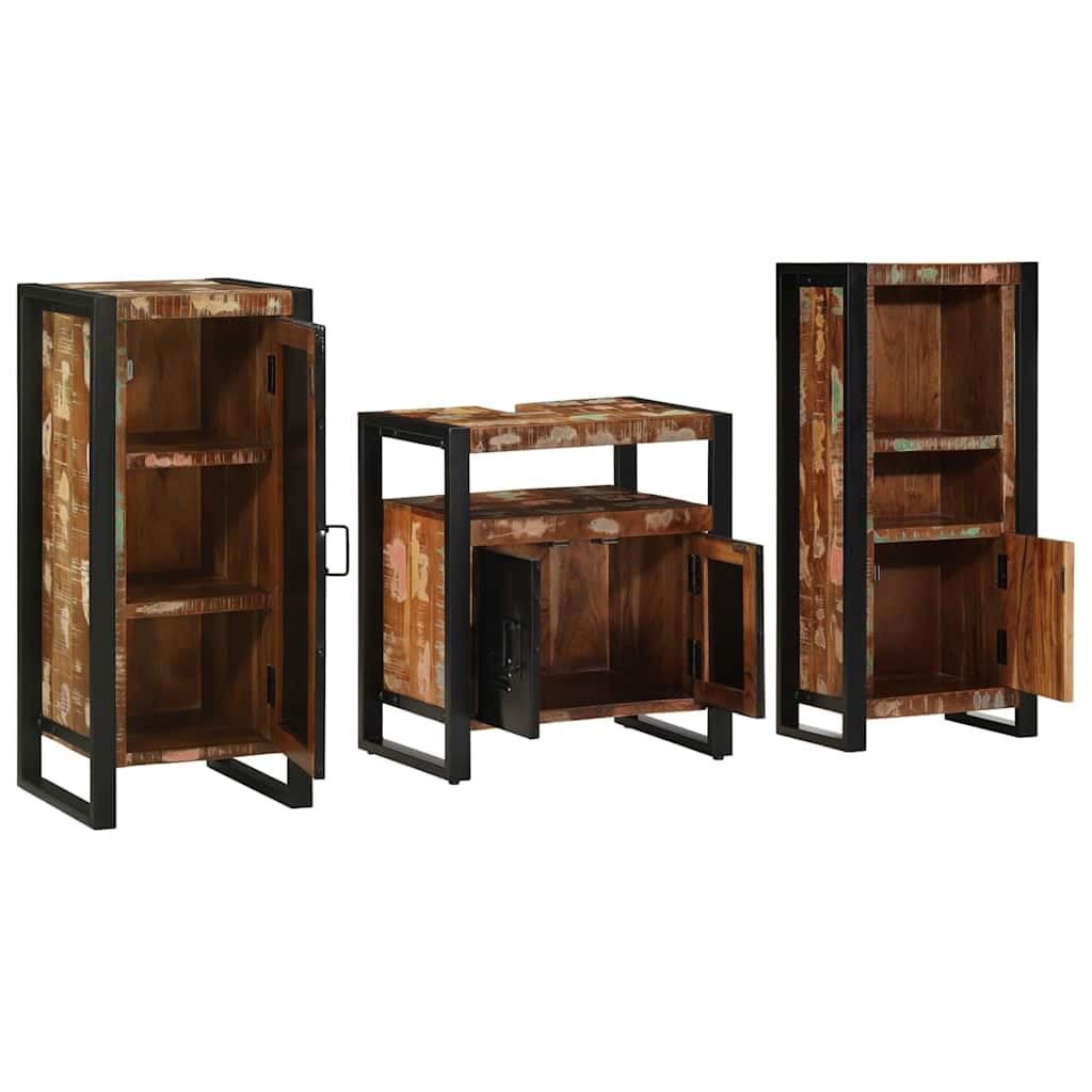 Juego de muebles de baño de 3 piezas, 40 x 35 x 90 cm, madera maciza renovada con marco de metal, diseño moderno para colgar y soporte para pequeños apartamentos y aseos