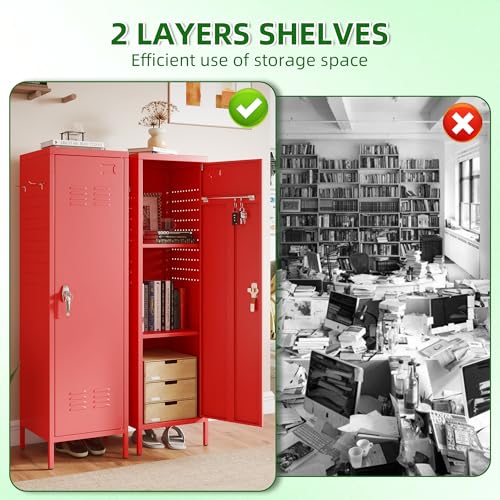 Image of Aobabo Metal Locker, 54 inch H Metal Storage Locker for Employees, Lockable 1 Door with Towel Rack and 2 Side Pegboards with Hooks for School Office Gym Home, Assembly Required (Red)