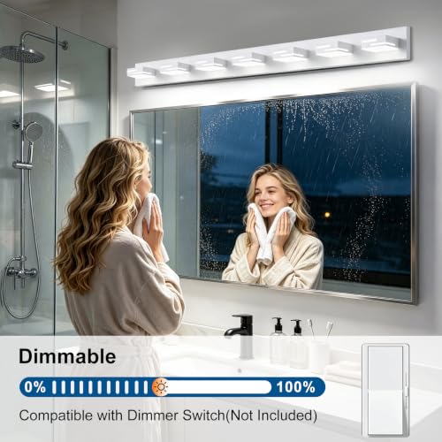 Image of LED Modern Bathroom Vanity Light Fixtures, Dimmable White Vanity Lights for Bathroom Lighting Fixtures Over Mirror, with 360 Rotatable Acrylic Heads 7-Light 48-inch (Cool White 6000K)