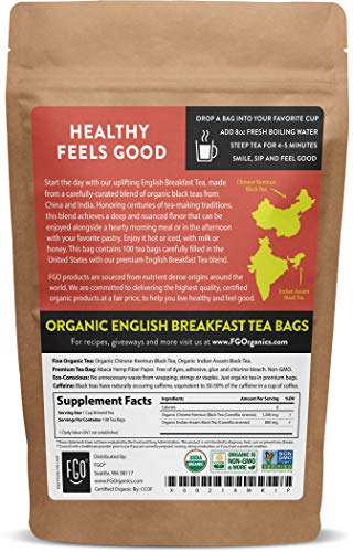Organic English Breakfast Black Tea Bags | 100 Tea Bags | Chinese Keemun & Indian Assam Blend | Eco-Conscious Tea Bags In Kraft Bag | By Fgo #TOP1