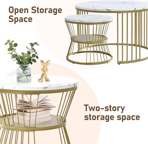 Image of Brown Art SHOPPEE Round Coffee Table Home Decor Furniture Coffee Table Sets,2 Piece MDF Top,Stacking Nesting Table with Iron Frame for Living Room Living Room or Lounge (Gold & White)