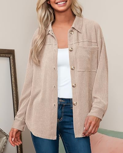 PRETTYGARDEN Women's Button Down Shirts 2025 Fall Long Sleeve Textured Stripe Tops Oversized Shacket Jacket Knit Blouses4