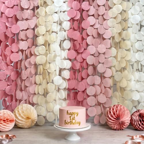 Image of 205 Ft Dusty Rose Pink Party Decorations Dusty Pink Khaki Beige Circle Dot Backdrop Garland Tissue Paper Polka Dots Hanging Streamer for Birthday Wedding Bridal Shower Engagement Party Supplies