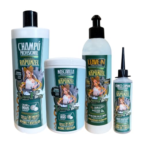 Dona Flora Rapunzel Kit Total 4 | Champú 1000ml + Mascarilla 1000ml + Leave-in 500ml + Tónico 70ml | Anticaída y Crecimiento | Biotina, Castaño de Indias y Aceite de Argán