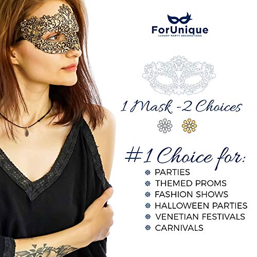 One Masquerade Mask for Women 2 Sides - Unique Luxury Design One Side Gold and One Silver Girl Lace Venetian Eye Mask - Party Supplies Accessories Carnival Mardi Gras Anniversary Ball Prom Halloween