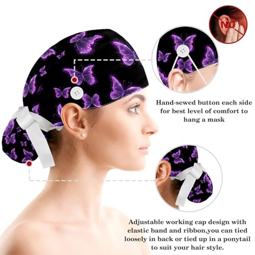 Image of Butterfly Scrub Cap Women with Ponytail & Buttons Adjustable Surgical Nurse Hat with Cotton Sweatband for Long Hair